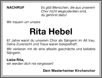 Traueranzeige von Rita Hebel von Memminger Zeitung