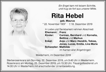 Traueranzeige von Rita Hebel von Memminger Zeitung