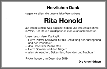 Traueranzeige von Rita Honold von Memminger Zeitung