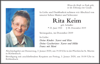 Traueranzeige von Rita Keim von Der Westallgäuer