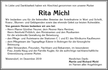 Traueranzeige von Rita Michl von Allgäuer Zeitung, Kaufbeuren/Buchloe
