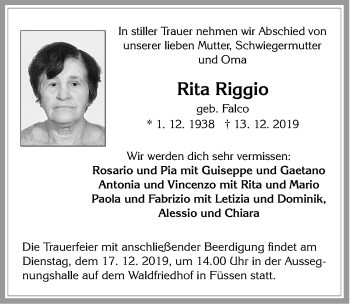 Traueranzeige von Rita Riggio von Allgäuer Zeitung, Füssen