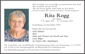 Traueranzeige von Rita Rogg von Der Westallgäuer