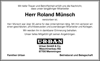 Traueranzeige von Roland Münsch von Memminger Zeitung
