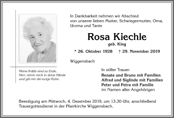 Traueranzeige von Rosa Kiechle von Allgäuer Zeitung,Kempten