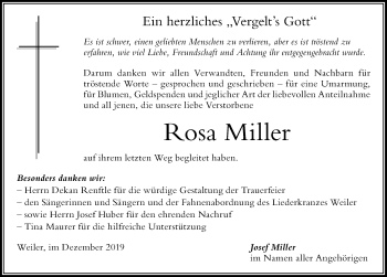 Traueranzeige von Rosa Miller von Der Westallgäuer