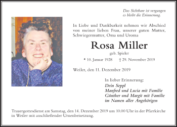 Traueranzeige von Rosa Miller von Der Westallgäuer
