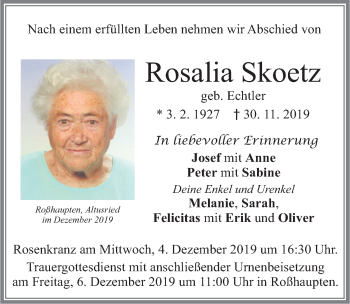 Traueranzeige von Rosalia Skoetz von Allgäuer Zeitung, Füssen