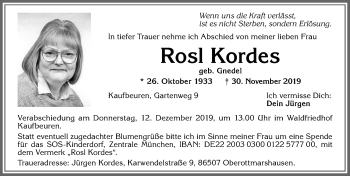 Traueranzeige von Rosl Kordes von Allgäuer Zeitung