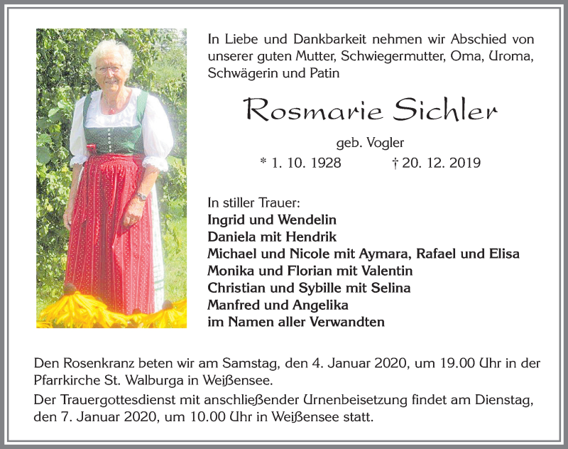  Traueranzeige für Rosmarie Sichler vom 24.12.2019 aus Allgäuer Zeitung, Füssen