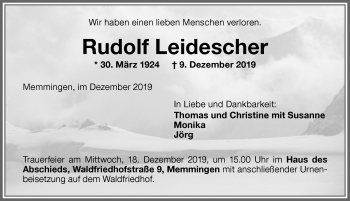Traueranzeige von Rudolf Leidescher von Memminger Zeitung