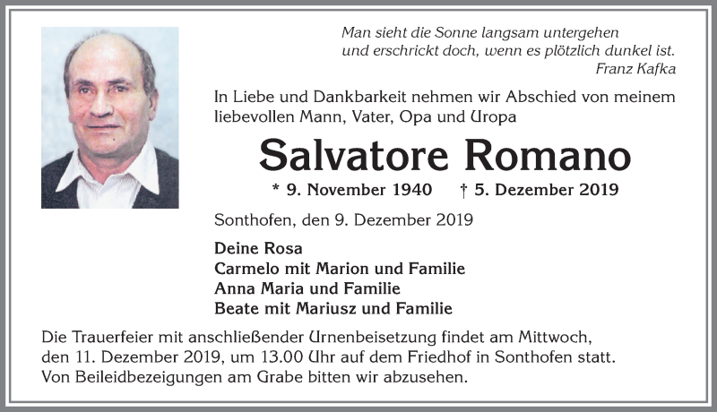  Traueranzeige für Salvatore Romano vom 09.12.2019 aus Allgäuer Anzeigeblatt