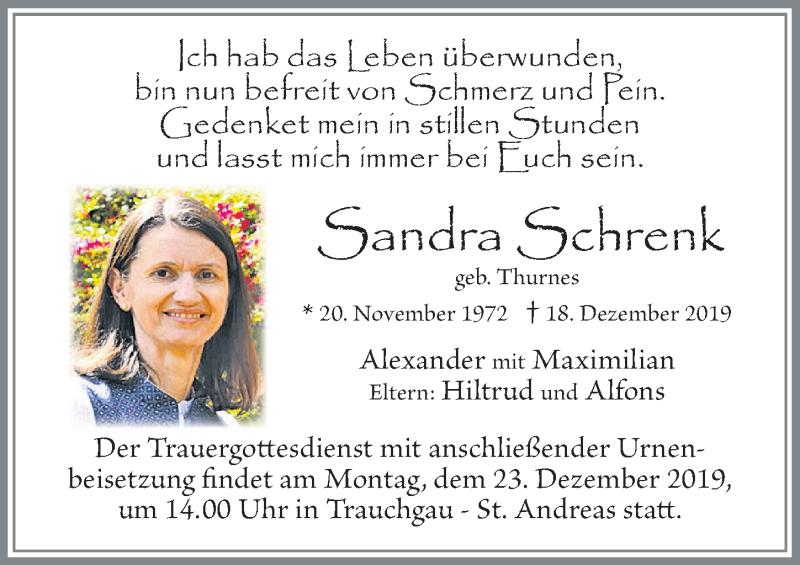  Traueranzeige für Sandra Schrenk vom 21.12.2019 aus Allgäuer Zeitung, Füssen