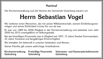 Traueranzeige von Sebastian Vogel von Allgäuer Zeitung, Kaufbeuren/Buchloe