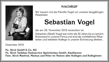 Traueranzeige von Sebastian Vogel von Allgäuer Zeitung, Kaufbeuren/Buchloe
