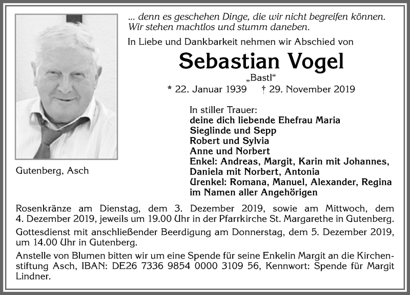  Traueranzeige für Sebastian Vogel vom 03.12.2019 aus Allgäuer Zeitung, Kaufbeuren/Buchloe