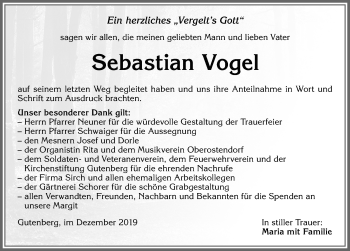 Traueranzeige von Sebastian Vogel von Allgäuer Zeitung, Kaufbeuren/Buchloe
