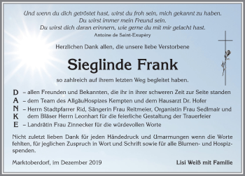 Traueranzeige von Sieglinde Frank von Allgäuer Zeitung, Marktoberdorf