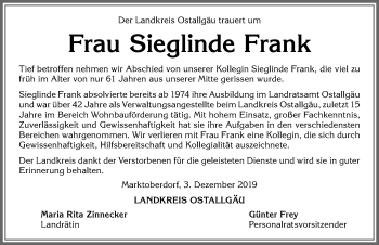 Traueranzeige von Sieglinde Frank von Allgäuer Zeitung, Marktoberdorf