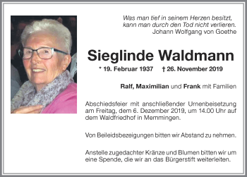 Traueranzeige von Sieglinde Waldmann von Memminger Zeitung