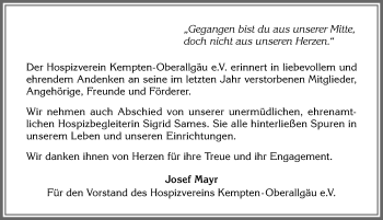 Traueranzeige von Sigrid Sames von Allgäuer Zeitung