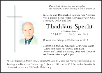 Traueranzeige von Thaddäus Specht von Der Westallgäuer