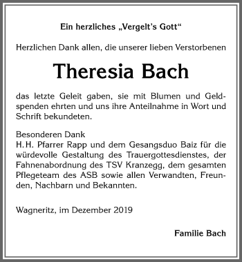 Traueranzeige von Theresia Bach von Allgäuer Anzeigeblatt