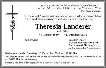 Traueranzeige von Theresia Landerer von Allgäuer Zeitung,Kempten