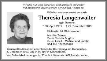Traueranzeige von Theresia Langenwalter von Allgäuer Zeitung, Kaufbeuren/Buchloe