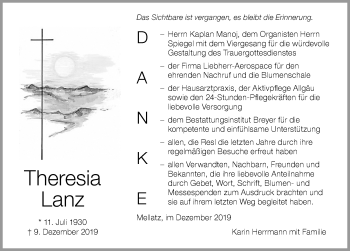 Traueranzeige von Theresia Lanz von Der Westallgäuer