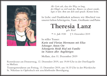 Traueranzeige von Theresia Lanz von Der Westallgäuer