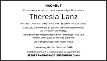 Traueranzeige von Theresia Lanz von Der Westallgäuer