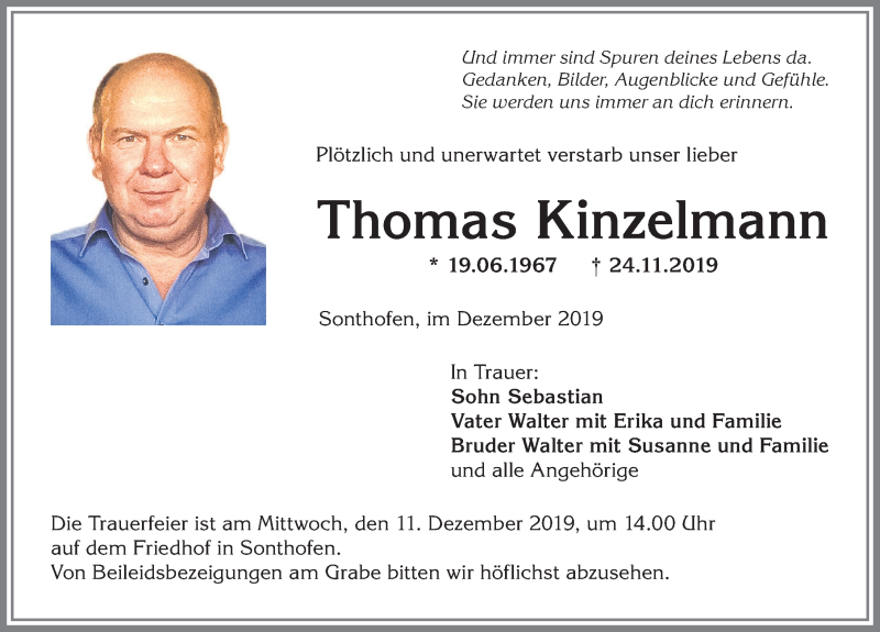  Traueranzeige für Thomas Kinzelmann vom 07.12.2019 aus Allgäuer Anzeigeblatt