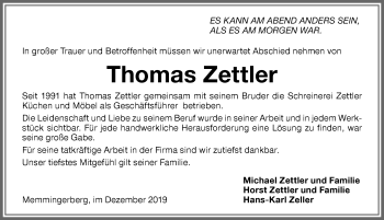 Traueranzeige von Thomas Zettler von Memminger Zeitung