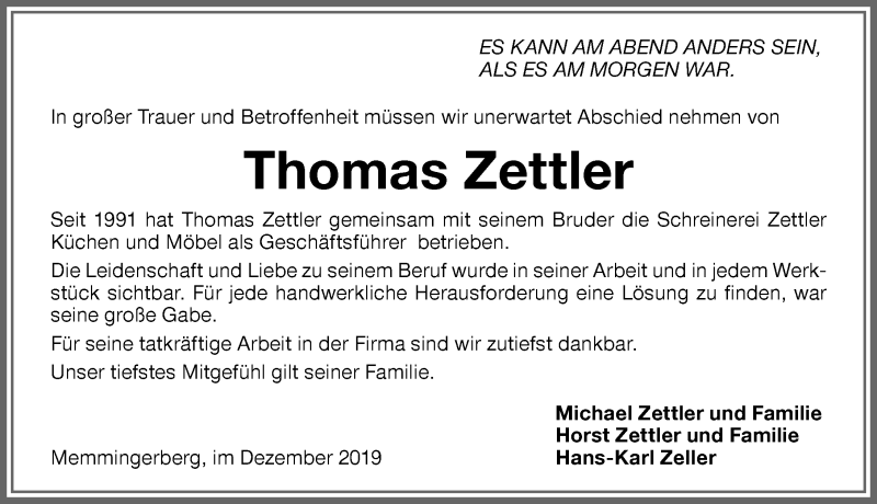  Traueranzeige für Thomas Zettler vom 07.12.2019 aus Memminger Zeitung