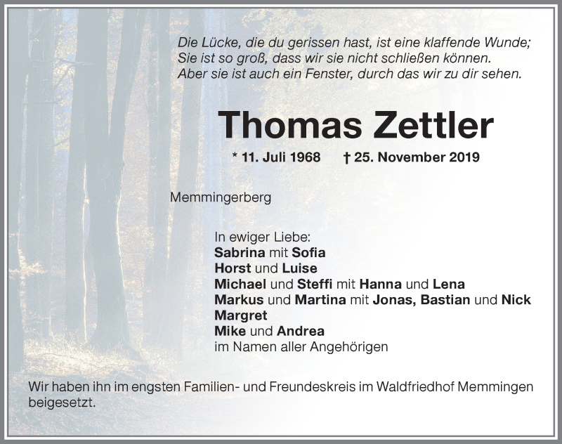  Traueranzeige für Thomas Zettler vom 07.12.2019 aus Memminger Zeitung