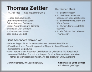Traueranzeige von Thomas Zettler von Memminger Zeitung