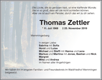 Traueranzeige von Thomas Zettler von Memminger Zeitung