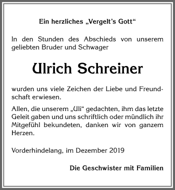 Traueranzeige von Ulrich Schreiner von Allgäuer Anzeigeblatt