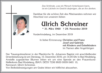 Traueranzeige von Ulrich Schreiner von Allgäuer Anzeigeblatt
