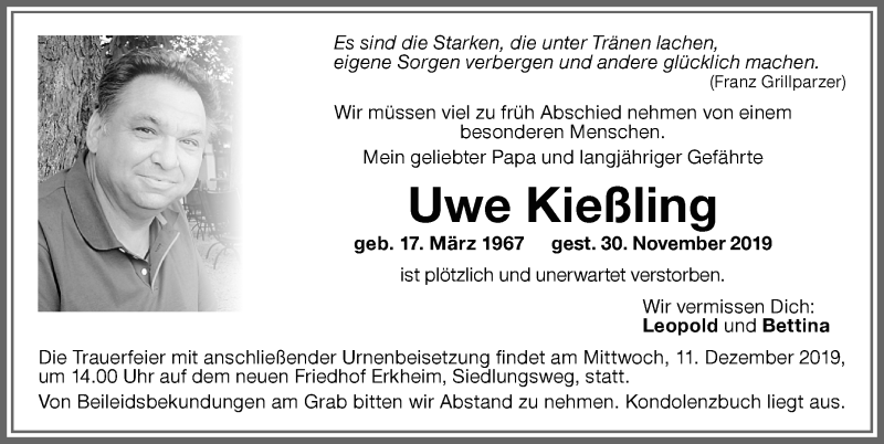  Traueranzeige für Uwe Kießling vom 07.12.2019 aus Memminger Zeitung