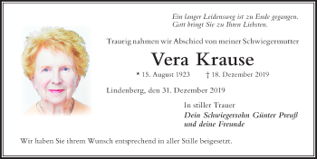 Traueranzeige von Vera Krause von Der Westallgäuer