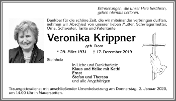 Traueranzeige von Veronika Krippner von Allgäuer Zeitung, Kaufbeuren/Buchloe
