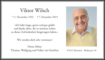 Traueranzeige von Viktor Wilsch von Allgäuer Zeitung,Kempten