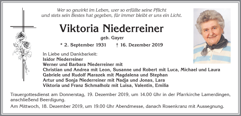  Traueranzeige für Viktoria Niederreiner vom 18.12.2019 aus Allgäuer Zeitung, Kaufbeuren/Buchloe