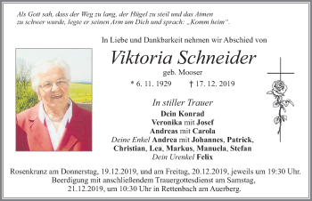 Traueranzeige von Viktoria Schneider von Allgäuer Zeitung, Marktoberdorf