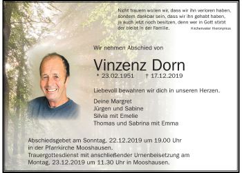 Traueranzeige von Vinzenz Dorn von Allgäuer Zeitung