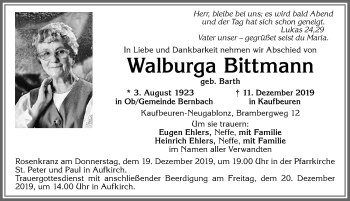 Traueranzeige von Walburga Bittmann von Allgäuer Zeitung, Kaufbeuren/Buchloe
