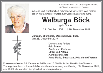 Traueranzeige von Walburga Böck von Allgäuer Zeitung, Marktoberdorf