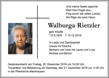 Traueranzeige von Walburga Rietzler von Memminger Zeitung